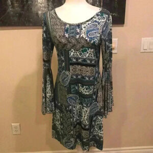 Haani Paisley Design Boho Style Dress with Extra Large Bell Sleeves-S